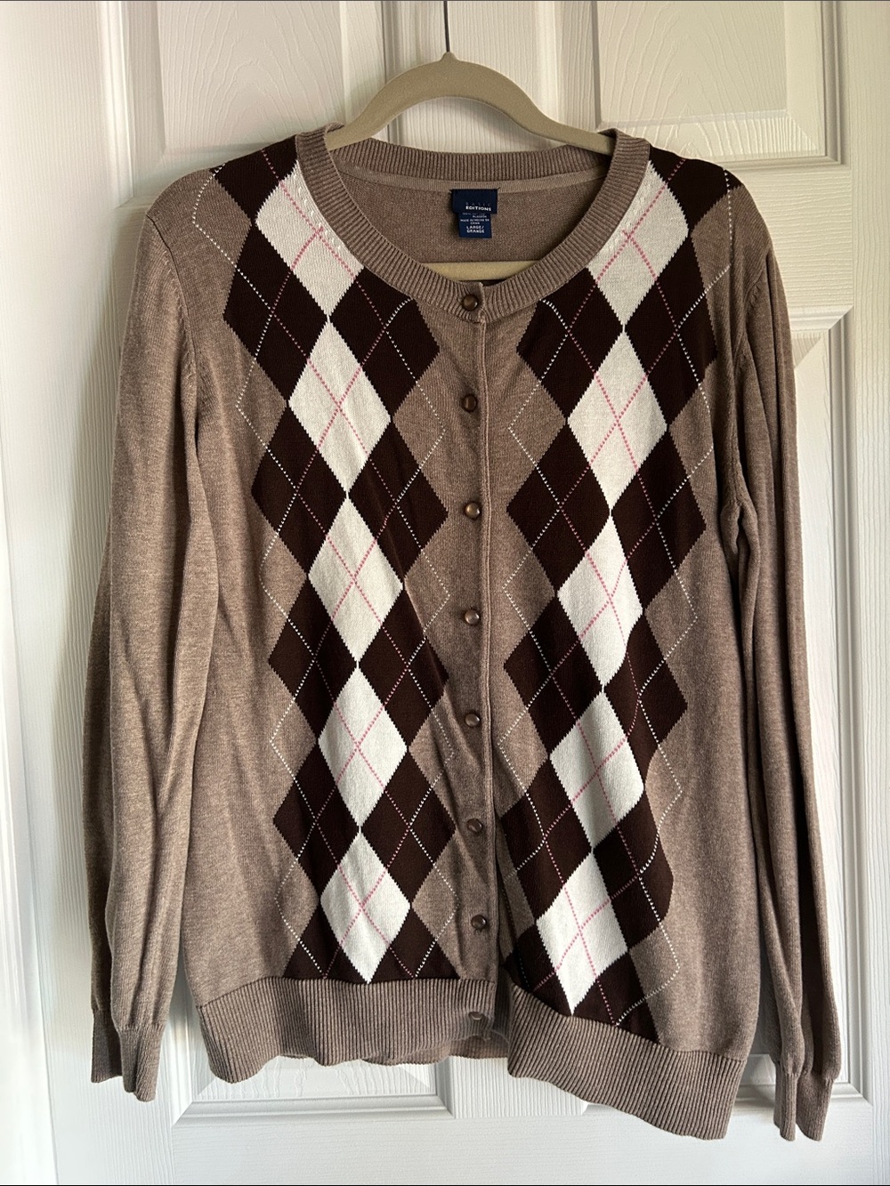 Basic Editions Taupe Argyle Button Cardigan with Brown and White Diamonds